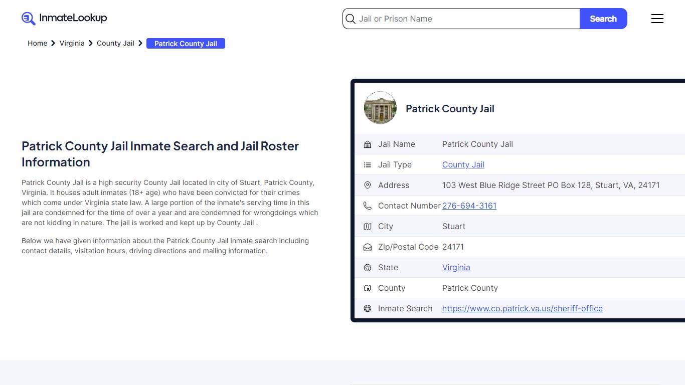 Patrick County Jail Inmate Search and Jail Roster Information